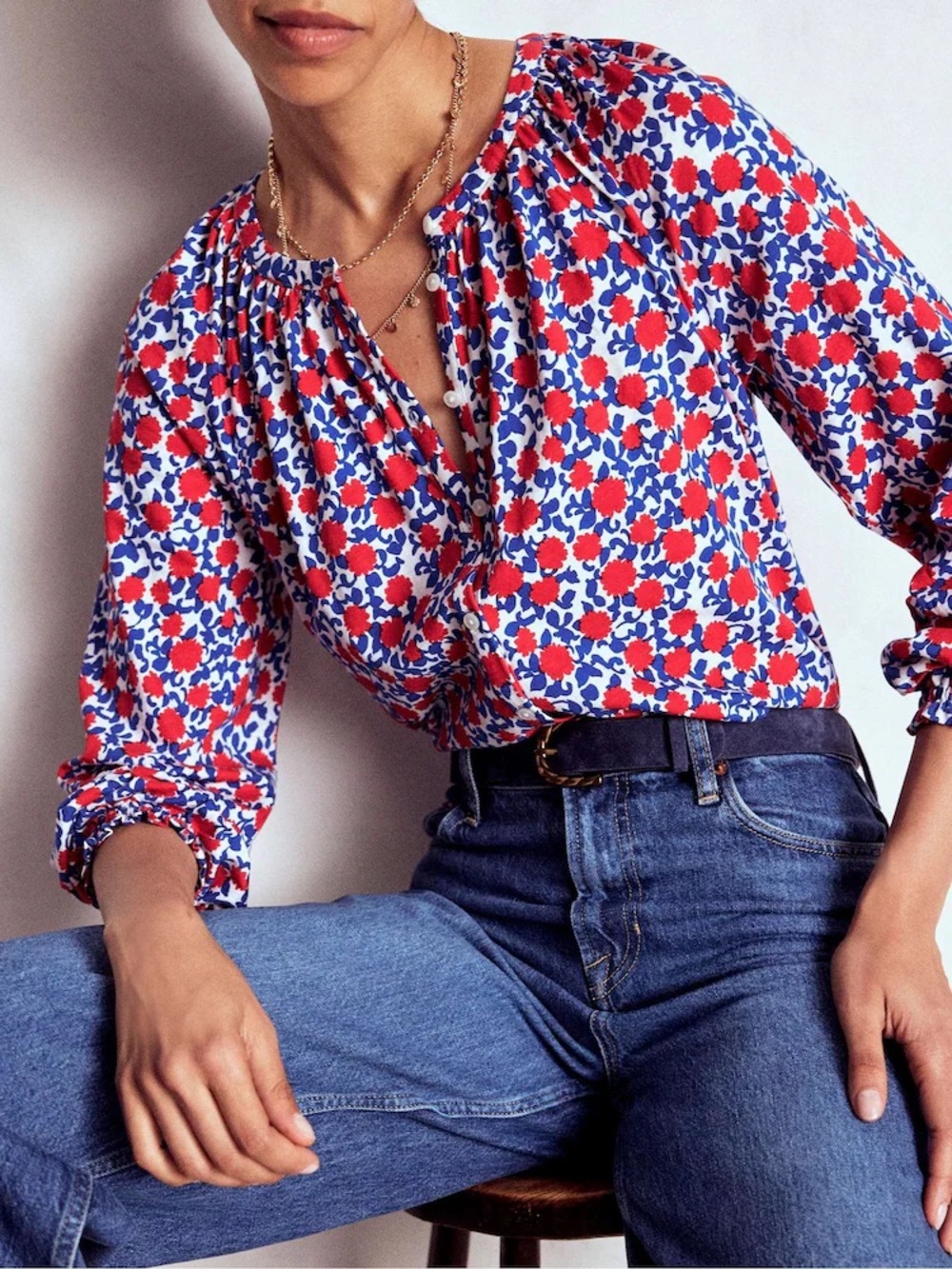 Boden Red Isla Long Sleeve Cotton Floral Button Down Blouse size 4